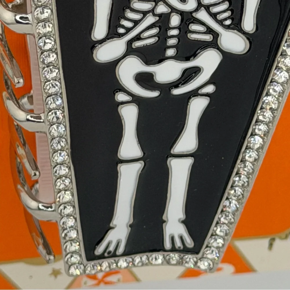 Piper K Halloween Goth Skeleton Casket Claw Clip Silver Tone Rhinestones.
